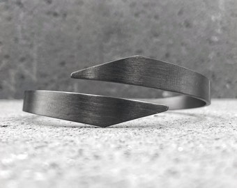 Black sterling silver open cuff bracelet plated with rhodium, nature inspired jewelry with matte finish, unique minimalist gift for women