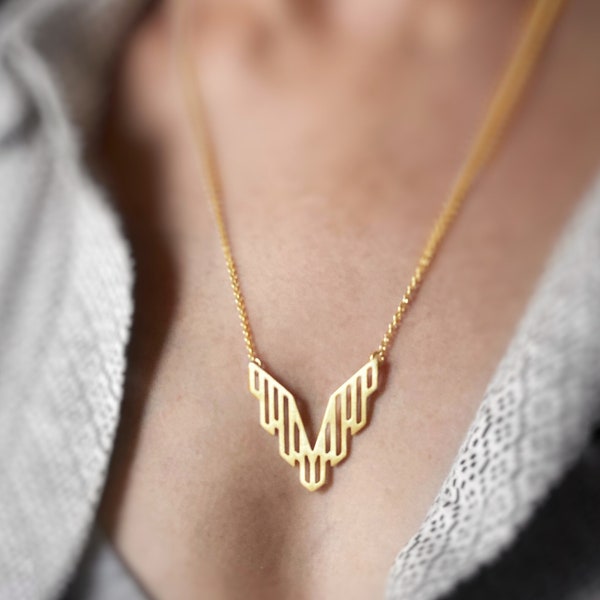 Modern gold plated necklace inspired by wings made with 925 silver, V shape layered necklace, abstract design jewelry, edgy gift for women