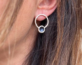 Oxidized sterling silver round earrings with organic matte finish, contemporary silver & black earrings, raw design studs