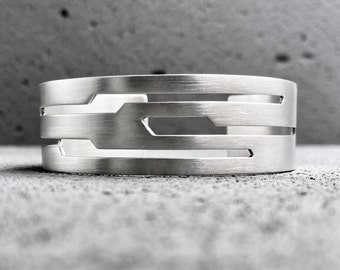 Wide 925 sterling silver cuff bracelet with matte finish, edgy lightning bolt jewelry, abstract nature inspired design, gift for women