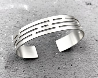 Wide sterling silver cuff bracelet, edgy abstract lines adjustable bracelet, unique modern jewelry, androgynous design, gift for women