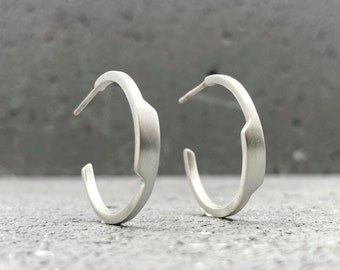 Chunky sterling silver hoop earrings, edgy matte half hoops, unique abstract design earrings, modern gift for women