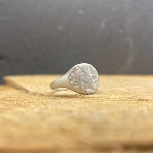 May include: A silver-toned signet ring featuring a circular face with a textured, uneven surface. The band is smooth and tapers toward the back. The metal has a matte, brushed finish, giving it a subtle, non-reflective appearance throughout.