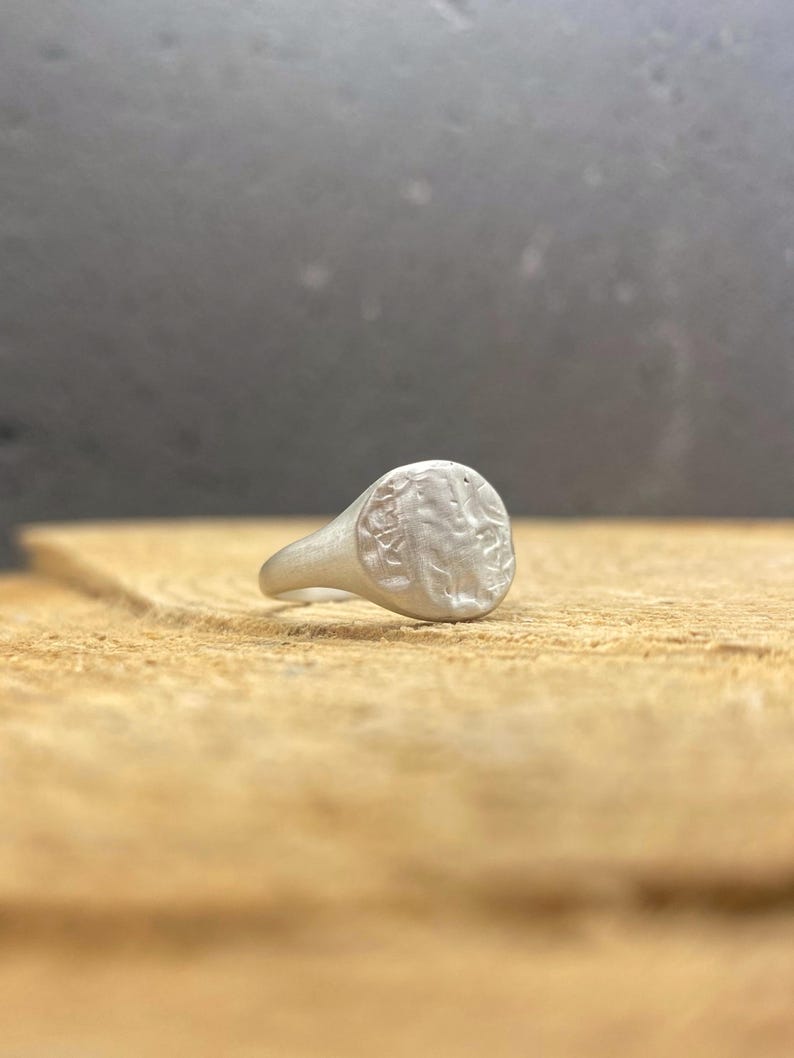 May include: A silver-toned signet ring featuring a circular face with a textured, uneven surface. The band is smooth and tapers toward the back. The metal has a matte, brushed finish, giving it a subtle, non-reflective appearance throughout.