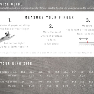 Pode incluir: Um gr&aacute;fico que mostra como medir o dedo para o tamanho de um anel. O gr&aacute;fico inclui um diagrama de como envolver um peda&ccedil;o de papel ou corda ao redor do dedo, marcar o ponto onde se sobrep&otilde;e e medir o comprimento da ponta at&eacute; a marca. O gr&aacute;fico tamb&eacute;m inclui uma tabela com os tamanhos dos an&eacute;is em mil&iacute;metros e os tamanhos dos EUA.