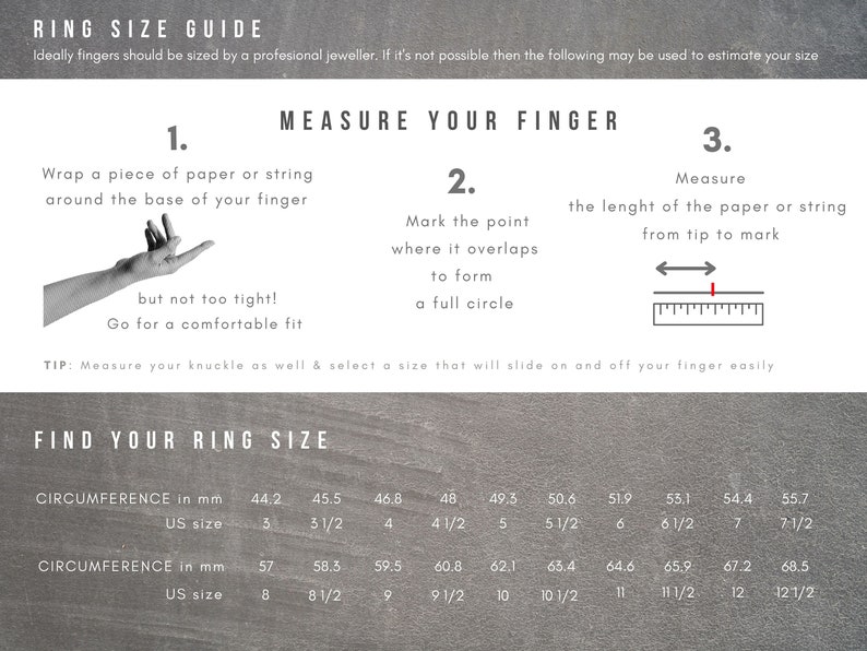 Pode incluir: Um gr&aacute;fico que mostra como medir o dedo para o tamanho de um anel. O gr&aacute;fico inclui um diagrama de como envolver um peda&ccedil;o de papel ou corda ao redor do dedo, marcar o ponto onde se sobrep&otilde;e e medir o comprimento da ponta at&eacute; a marca. O gr&aacute;fico tamb&eacute;m inclui uma tabela com os tamanhos dos an&eacute;is em mil&iacute;metros e os tamanhos dos EUA.