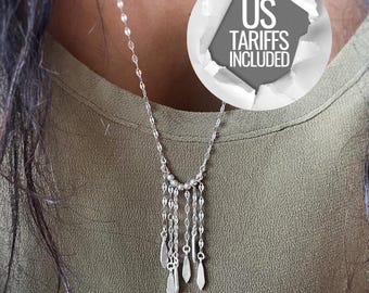Collar largo bohemio con flecos de plata de ley, colgante étnico hecho a mano.