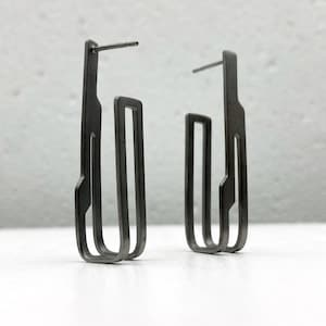 Black architectural sterling silver earrings, asymmetrical dangle earrings with matte finish, edgy design jewelry, modernist gift for women