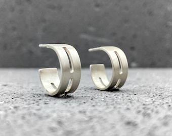 Chunky sterling silver hoop earrings, edgy matte half hoops, unique design earrings, modern gift for women