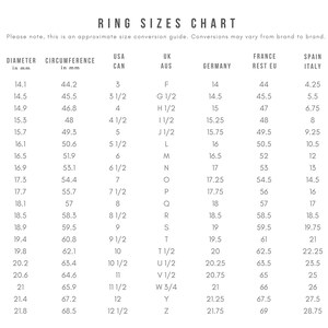 May include: Ring sizes chart with conversions for USA, UK, Germany, France, and Spain. Includes diameter and circumference in millimeters, with corresponding ring sizes. The chart is on a gray background.