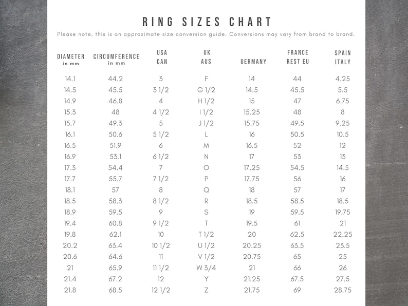 May include: Ring sizes chart with conversions for USA, UK, Germany, France, and Spain. Includes diameter and circumference in millimeters, with corresponding ring sizes. The chart is on a gray background.