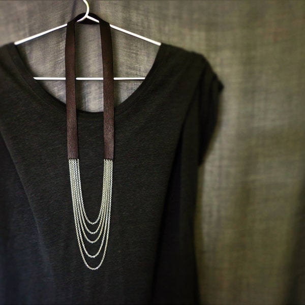 Black leather necklace, Leather and chain necklace, Layered chain necklace, Long necklace, Minimal, Modern