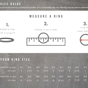 Pode incluir: Um guia de tamanhos de an&eacute;is com ilustra&ccedil;&otilde;es que mostram como medir um anel usando uma r&eacute;gua. O guia inclui uma tabela com tamanhos de an&eacute;is em mil&iacute;metros e tamanhos americanos.