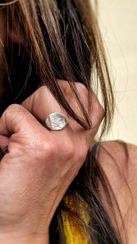 Handmade sterling silver signet ring, Raw textured ring, Minimalist organic ring, Matte silver irregular ring
