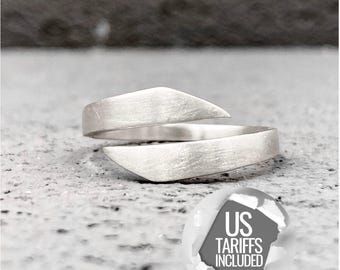 Anel aberto ajustável em prata de lei fosca, anel envolvente minimalista feito à mão