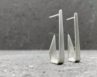 Edgy rectangular hoops, architectural minimalist earrings, matte sterling silver jewelry, contemporary design, modernist handmade gift idea