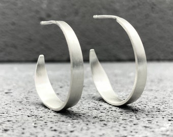 925 sterling silver hoop earrings, small or medium handmade minimalist half hoops, elegant design jewelry, unique cute gift for women