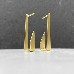 Edgy matte gold drop earrings, rectangular architectural studs, minimalist gold plated sterling silver jewelry, modernist gift for women