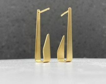 Edgy matte gold drop earrings, rectangular architectural studs, minimalist gold plated sterling silver jewelry, modernist gift for women