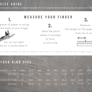 May include: Ring size guide with instructions on how to measure your finger using paper or string. Includes a chart with circumference in mm and US ring sizes, ranging from size 3 to 12 1/2. The text is in black on a white and gray background.