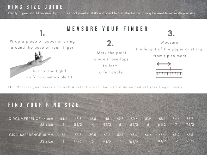 May include: Ring size guide with instructions on how to measure your finger using paper or string. Includes a chart with circumference in mm and US ring sizes, ranging from size 3 to 12 1/2. The text is in black on a white and gray background.