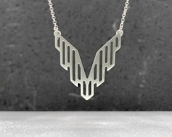 Colar moderno de prata esterlina inspirado em asas, colar em camadas em formato de V, joia com design abstrato, presente ousado para mulheres