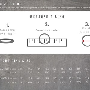 May include: Ring size guide with instructions on how to measure a ring. The guide includes steps to choose a ring, center it on a ruler, and find the inner diameter. A chart provides ring sizes in millimeters and US sizes.