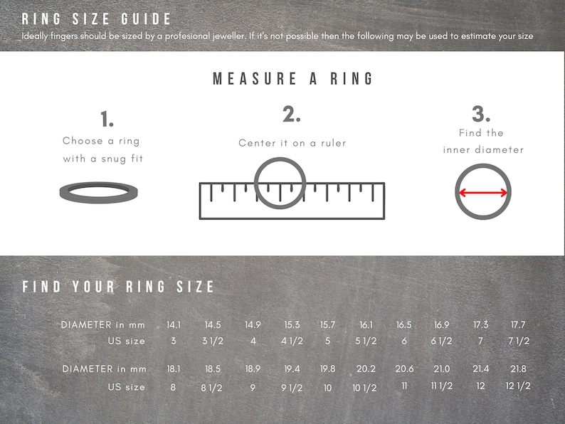 May include: Ring size guide with instructions on how to measure a ring. The guide includes steps to choose a ring, center it on a ruler, and find the inner diameter. A chart provides ring sizes in millimeters and US sizes.