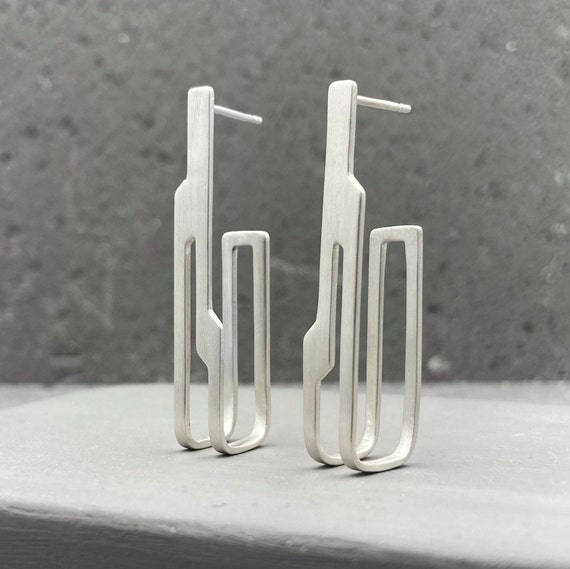Architectural sterling silver earrings, asymmetrical drop earrings with matte finish, edgy design jewelry, unique modernist gift for women