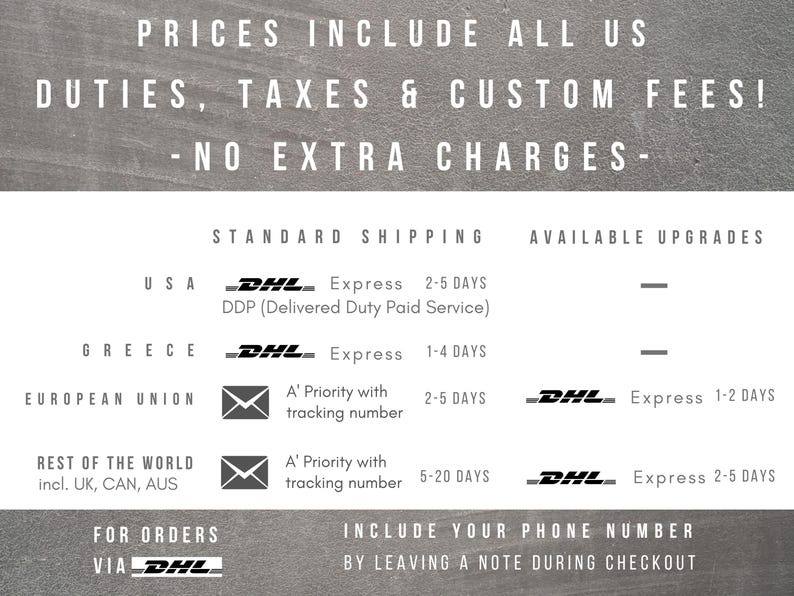 May include: Text on a gray background states "PRICES INCLUDE ALL US DUTIES, TAXES & CUSTOM FEES! - NO EXTRA CHARGES-". It also lists shipping details for USA, Greece, European Union, and Rest of the World.