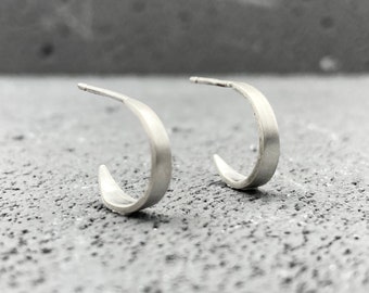 Mini 925 sterling silver hoop earrings, handmade minimalist half hoops with matte finish, elegant design jewelry, unique cute gift for women