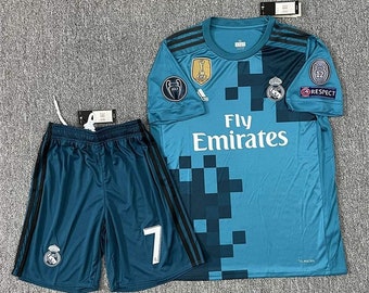 Real Madrid 2017-2018 Cristiano Ronaldo No. 7 Blue Full Kit - Champions League Jersey & Shorts, Short/Long Sleeve Football Uniform