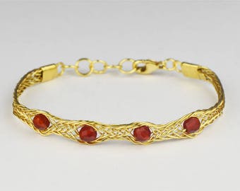 Braided bracelet in gold plated/gilded silver with gemstones Cornelian/Karneol