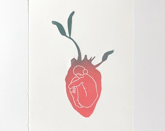 Self Care Linoprint. Love yourself Print. Girl Print. Healthy Life. Yoga Art. Self Love Art. Wellness Print. Heart Art Print