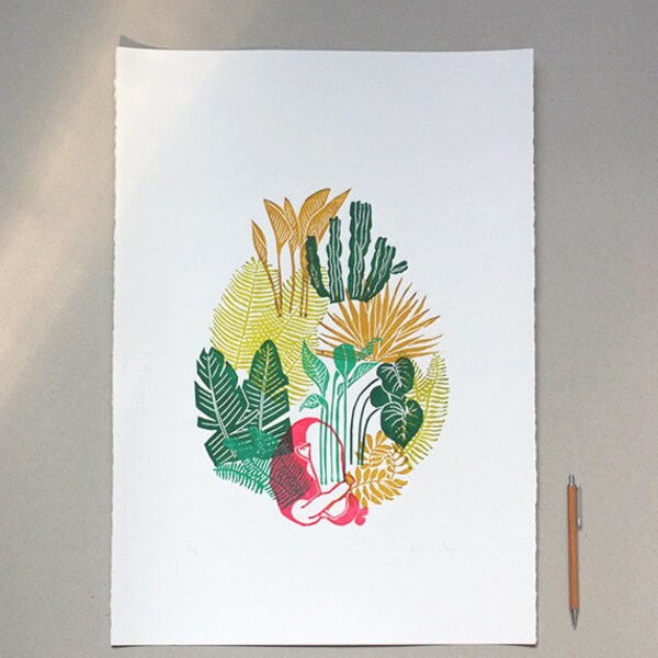 Yoga HandPrint, Yoga Art Decor, Yoga and Nature, Yoga Studio, Yoga Linoprint, Yoga Wall Decor, Yoga Studio Decor, Yoga Gift, Yoga Girl Print