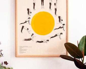 Sun Salutation Yoga Poster, Surya Namaskar illustration, Hatha Yoga posture sequences Print, Yoga art, Yoga illustration, Yoga home decor