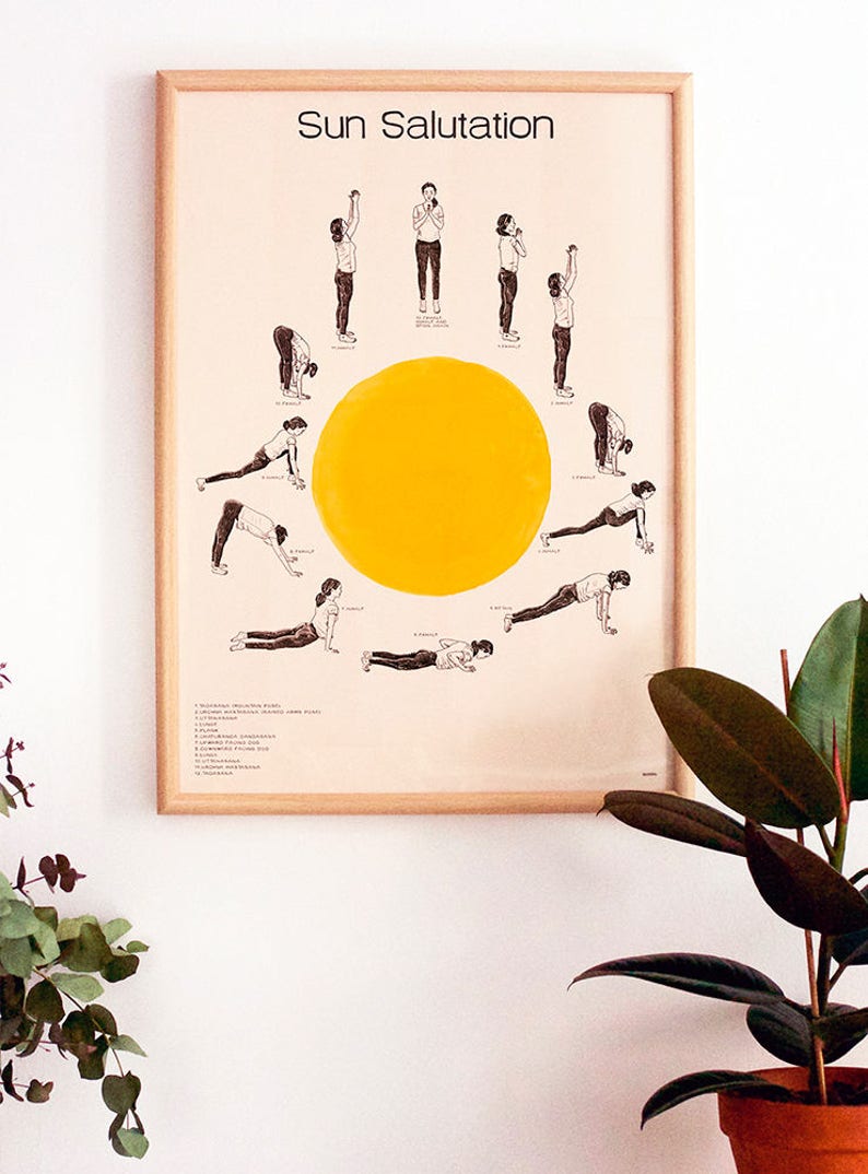 Sun Salutation Yoga Poster, Surya Namaskar illustration, Hatha Yoga posture sequences Print, Yoga art, Yoga illustration, Yoga home decor image 1