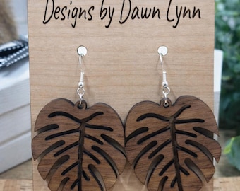 Walnut Monstera Leaf Dangle Earrings, Laser Cut Wood Jewelry