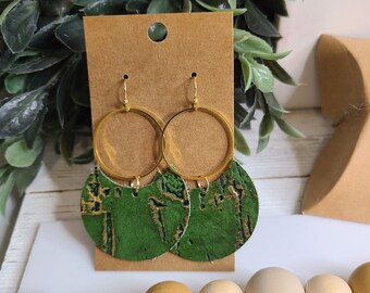 Genuine Leather, Cork and Gold hoop Disc Earrings, Cork Earrings, Real Leather Earrings,  Leather Earrings, Trendy, dangly earrings