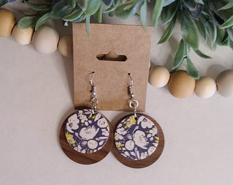 White POPPIES with  NAVY & Mustard  Floral Wood and Cork Leather Earrings, Wood Circle Earrings, Statement Earrings ,Floral Earrings, Boho,