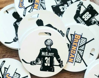 Round Tag, Personalized Sports Bag Tag, backpack name tag, Hockey Bag Tags,Hockey Name Tags, Luggage Tags,Hockey League Bag Tags,Hockey Tags