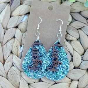 Genuine Leather and walnut wood Earrings, Earrings, Teardrop, Leather Earrings, Glitter earrings, St. Patricks day, shamrock, Custom