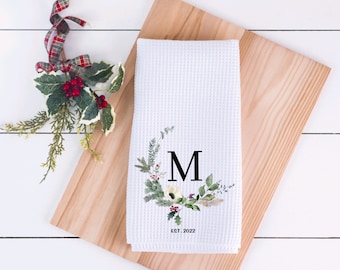 Personalized Kitchen Towel, monogram, White Flower, Waffle Weave Microfiber, Personalized Tea Towel, Christmas Monogram Towel, Holiday