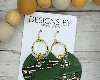 Genuine Leather, Cork and Gold hoop Disc Earrings, Cork Earrings, Real Leather Earrings,  Leather Earrings, Trendy, dangly earrings