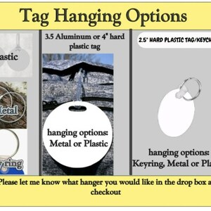 Peut inclure: Un graphique montrant diff&eacute;rentes options de suspension d'&eacute;tiquettes. Les options comprennent le plastique, le m&eacute;tal et le porte-cl&eacute;s. Le texte sur le graphique indique "Tag Hanging Options", "3.5 Aluminium ou 4" hard plastic tag", "2.5" HARD PLASTIC TAG/KEYCHAIN", "hanging options: Metal or Plastic", et "hanging options: Keyring, Metal or Plastic".