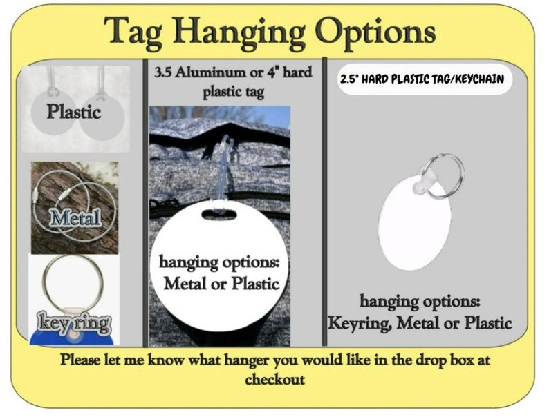 Peut inclure: Un graphique montrant diff&eacute;rentes options de suspension d'&eacute;tiquettes. Les options comprennent le plastique, le m&eacute;tal et le porte-cl&eacute;s. Le texte sur le graphique indique "Tag Hanging Options", "3.5 Aluminium ou 4" hard plastic tag", "2.5" HARD PLASTIC TAG/KEYCHAIN", "hanging options: Metal or Plastic", et "hanging options: Keyring, Metal or Plastic".