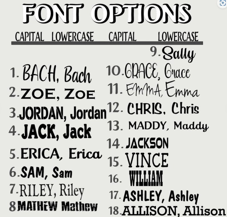 Peut inclure: Un tableau pr&eacute;sentant 18 options de polices pour les noms. Le tableau montre les noms en lettres majuscules et minuscules. Les noms sont : BACH, ZOE, JORDAN, JACK, ERICA, SAM, RILEY, MATHEW, GRACE, EMMA, CHRIS, MADDY, JACKSON, VINCE, WILLIAM, ASHLEY, ALLISON et SALLY.