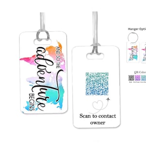 May include: White luggage tag with a watercolor world map and the text "And so the adventure begins". The other side of the tag has a QR code and the text "Scan to contact owner".