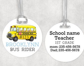 Kids Bus Tag -Personalized School Bus Bag Tag -kindergarten- school - back-to-school- Bus rider- Name tag-emergency tag-Allergy Tag- safety