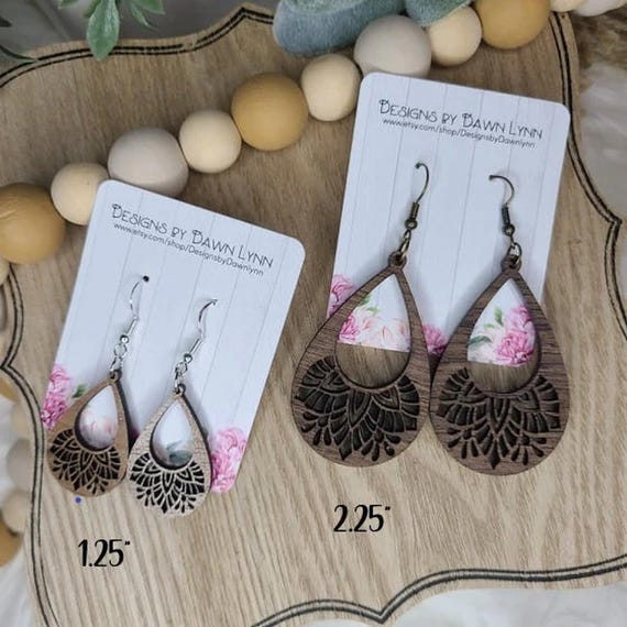 Mandala teardrop wood earrings, Wood Teardrop Earrings, Teardrop Earrings, Dangle Earrings, Wood Jewelry, Walnut, Laser cut